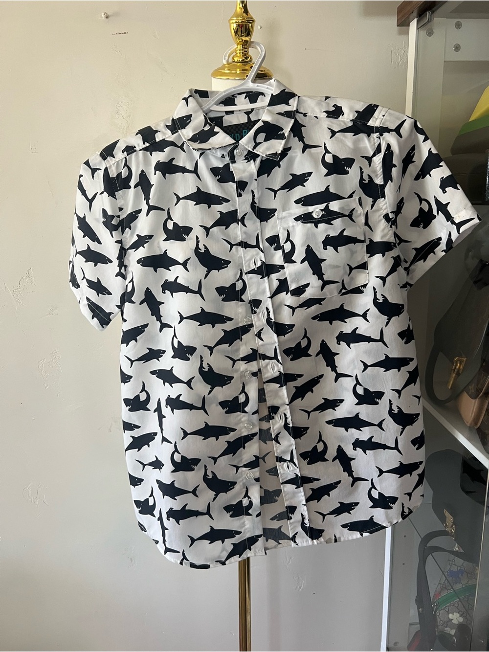 Boys Short-Sleeve Shark Print Button-Down Shirt - White/Black